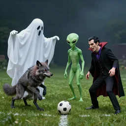 a ghost, an alien, a werewolf and a vampire playing football together, lowbrow, surealistic, hd