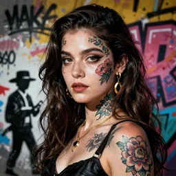 mafia princess portriat, flower face tattoos, banksy, graffiti art