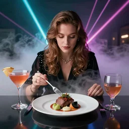 kelly lebrock eats gourmet dinner, molecular gastronomy, in the style of 8 0 s movie poster artwork, fog, lasers, cocktails