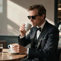 superspy orders coffee at a cafe while waiting for a date