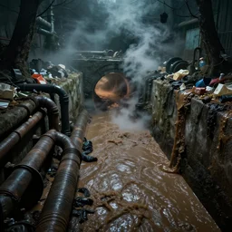 super sewer, tunnels, sludge river, effluent, pipes, piles of trash, strange, eery lighting, steam, matte painting