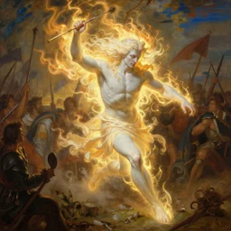 Lucius as a pale albino demigod of scintillating radiance, long fluffy blond curly hair, wreathed in magnificent flames stalking across the battlefield, oil on canvas, golden hour, artstation, by J. C. Leyendecker and Peter Paul Rubens
