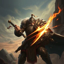 veteran warrior, man in armour, dnd barbarian, conan the barbarian, powerful male character from warcraft, character portrait, dnd art, new hearthstone addon, trading card game art, perfectly shaded, extremely detailed, royal allure, volumetric lighting, 4 k, view from top, dynamic scene, fighting, striking with weapon, powerful strike, sharp focus, deserted landscape, ancient stone ruins, art