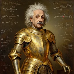 brilliant albert einstein, dressed in ornate, detailed, intricate golden armor, surrounded by mathematical equations, detailed oil painting by william adolphe bouguereau