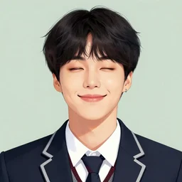 a headshot of a very happy bts jimin closed smile - short black hair wearing male school uniform, sharp focus, illustration, morandi color scheme, art station, high detailed, by ilya kuvshinov, gorillaz art