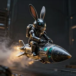 futuristic rabbit soldier driving a rocket, ray - tracing, beautiful, black opal, sharp focus, octane render, beautiful hdr 8 k, moody dark environment realistic, specular, detailed, unreal engine 5, golden hour, magical shimmering effect, light smoke, modern background wallpaper, wlop, chebokha, rutkowski