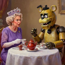 a five nights at freddy's animatronic having an intense tea party with the queen of england, octane render / source, oil painting, trending on artstation, rossdraws