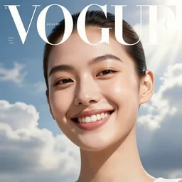 sci - fi, morning, smiling fashion model sun face, cinematic, clouds, sun rays, vogue cover style, photo realistic