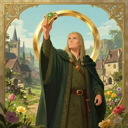 my precious! - smeagol holds the ring high against the backdrop of a medieval village in england, ornate, beautiful, atmosphere, vibe, flowers, concept art illustration, color page, 4 k, tone mapping, doll, akihiko yoshida, james jean, andrei riabovitchev, marc _ simonetti, yoshitaka amano, digital illustration, greg rutowski, volumetric lighting, sunbeams, particles