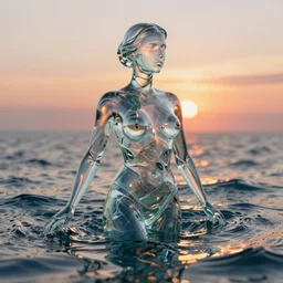 woman made of glass emerging out of the ocean at sunset, realistic reflections, ray tracing, 3 - d render, intricate details,
