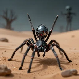a mechanical blackwidow spider doing a handstand in a haunted desert