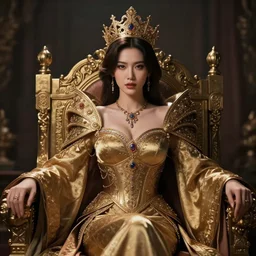 portrait of a beautiful asian queen with medium length hair, sitting on her throne, digital art by ross tran, highly detailed, intricate, hyperrealism, dynamic lighting