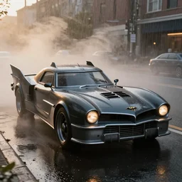 parked 6 0 s batmobile, fog, rain, volumetric lighting, beautiful, golden hour, sharp focus, highly detailed, cgsociety