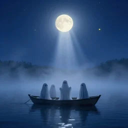 ghosts, ghosts on boat on the middle of lake, fog, moon rays through the fog, night sky, yellow stars, deep blue mood, photorealistic