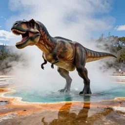 tyrannosaurus rex emerging from grand prismatic spring, fictional photography, in the style of jurrassic park