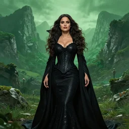 salma hayek vampire queen, green peaks in the background, art by ismail inceoglu