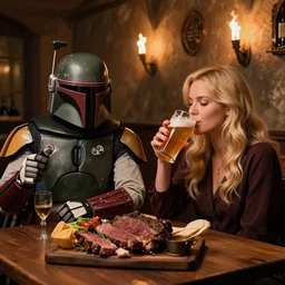Boba Fett and a beautiful young blonde drinking beer in a wine cellar, food, meat, schnapps, torches on the wall, romantic, inviting, cozy