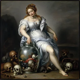 a painting of pandora opening her jar, releasing critters that impersonate sickness and death by artemisia gentileschi, wide shot