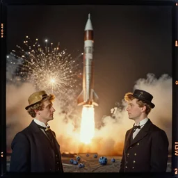 kodak portra 4 0 0, wetplate, muted colours, blueberry, 1 9 1 0 s style, motion blur, portrait photo of a launching rocket, backdrop, explosions, sparkling, by georges melies and by britt marling