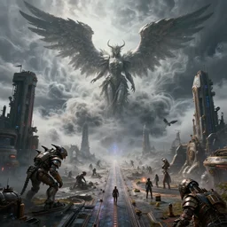 visually stunning, cinematic, ultra realistic, hyper realism, 1 2 k, epic, octane render, unreal engine, vfx, maya, storm god : mist of swirling clouds, galactic highway : magicpunk seraphim statue knight, gathering at the gallows at the courtyard of a robust dieselpunk futuristic fantasy castle : dieselpunk creature, by nadezda and david stoupakis