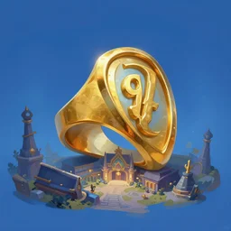 gold signet of a fantasy trading company, trading company, blue, style of rossdraws, digital painting