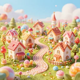 Small little village made of candys and sweets, ultra detailed, advanced digital art, 8k