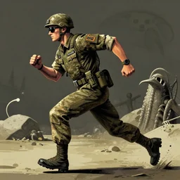 A soldier with sunglasses running for his life by  Greg Rutkowski , Justin Gerard and Haeckel. Artstation, volumetric light