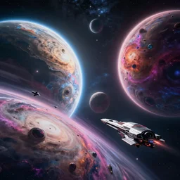 a stunning vista of alien planets, vibrant, nebula, space, science fiction, epic spaceship, futurism, in the style of Vincent Di Fate