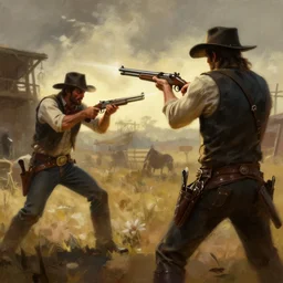 a digital painting of a gunfight in hunt showdown, western era, hyper realistic, horror, back lighting, luisiana, in the style of greg rutkowski,