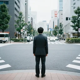 photograph of a Japanese man on a street corner, back view, professional photograph, artistic, cityscape