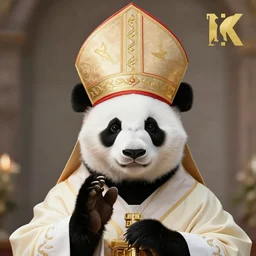 a panda with a liturgical headdress, a mitre, and the hand of benediction, ultra detailed, 8 k, trending on artstation, award - winning art,