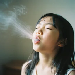 analog photographic portrait with 5 0 mm lens and f / 1 2. 0 of a 5 years old woman woman with her eyes closed and spurting from her mouth a white viscous fluid floating in the air. with a slight variation of light in the liquid and gesture.