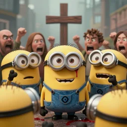 one minion surrounded by an angry crowd of humans. the minion is bleeding red blood. a large wooden cross is in the background. kodak gold 2 0 0,
