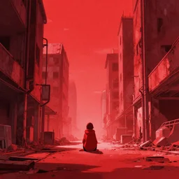 anime artwork, stark lighting, abandoned city, paper texture, movie scene, distant shot of hoody girl sitting under a red parasol in deserted dusty shinjuku junk town, old pawn shop, bright ground, lurking robot monster in background, dusty, pencil lines