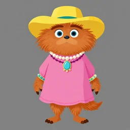 detailed flat 2 d : showgirl marten character : wearing jewelry : wearing a pink dress : wearing yellow hat : head torso legs feet : lorax movie : artstation