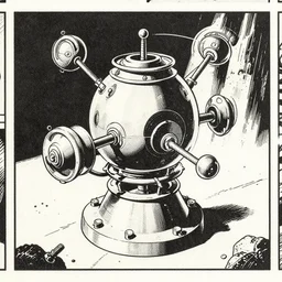 vintage black and white comic page about a quantum machine. sci-fi