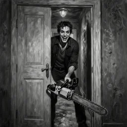 Matt Gaetz with a wide grin wielding a chainsaw peaking through a door in the distance at the end of a narrow corridor, black and white, creepy lighting, scary, horror, ornate, eerie, fear, oil painting