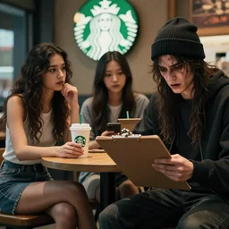 hot girls sitting at starbucks in front of creepy guy wearing a beanie holding a clipboard, 8 k resolution, cinematic lighting, anatomically correct