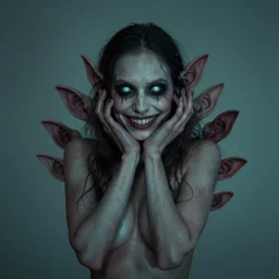 body with ears everywhere, surreal, model pose, creepy lighting, glint in eyes, creepy smile,