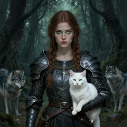 medieval female warrior, green eyes, dark forbidden forest, wolves, white cat, in the style of Lecouffe-Deharme and Natalie Shau