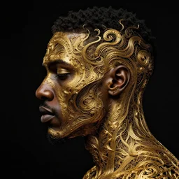 side profile of a black man :: in ocean intricate details :: gold :: dark and horror ::  by vikings and Sandra Chevrier