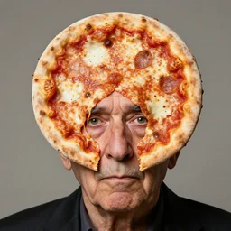 studio portrait of old man with a perfectly round head, shaped like a pizza, with a small face sticking through the center of a pizza margherita, disturbing reality, shocking revelation, unsettling, extremely detailed, soft lighting, sharp close - up, droopy eyes, exhibition, masterpiece by paola agosti