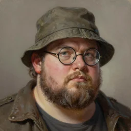a _ fantasy _ style _ portrait _ painting _ of chubby white male with bucket hat and circle glasses, rough beard, oil _ painting _ unreal _ 5 _ daz. _ rpg _ portrait _ extremely _ detailed _ artgerm _ greg _ rutkowski _ greg
