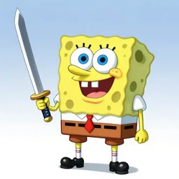 spongebob squarepants, holding a samurai sword while ryu from street fighter looks on, digital art