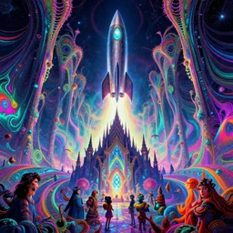 mysterious cosmic rocket hovering over magical haunted diamond temple, infinite hallucinogenic fractal waves, # f 2 2 2 ff # 8 c 1 eff synthwave, bright neon colors, highly detailed, cinematic, eyvind earle, tim white, philippe druillet, roger dean, ernst haeckel, lisa frank, aubrey beardsley, kubrick, kimura