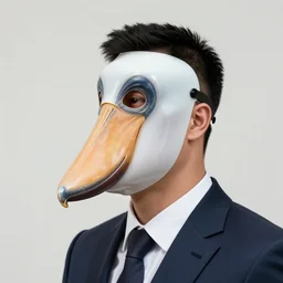 Gorgeous still of a man in a suit wearing a latex mask of a shoebill stork, by James Jean, natural lighting