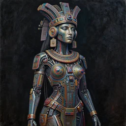 dark cyborg aztec inca woman, made of intricate complex circuitry and microchips, iridescent, colorful, intricate linework, realistic oil painting, rutkowski, wlop, chebokha, artgerm