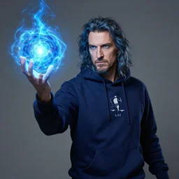 portrait powerful blue wizard John Locke wearing navy blue hoodie brandishes an electric blue orb greg rutkowski mark rothko tombow