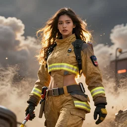 a beautiful female goddess of the firefighters character, character is in all its glory, character is in her natural relaxed pose, rim lights, particles and dust in the air, fancy clouds, highly detailed professional photo, dynamic lights, particles are flying, depth of field, trending on artstation, professional illustration, hyper realistic, vray caustics, super detailed, colorful accents, cinematic shot