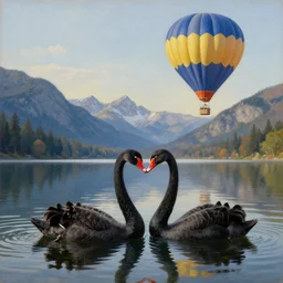 realistic extremely detailed  photo of a hot air balloon flying above a beautiful reflective mountain lake, two black swans swimming in the lake, touching heads, forming a heart with their necks, granular detail, oil on canvas, intricate, portrait, 8k highly professionally detailed, HDR, CGsociety, octane render, 4k, f32,55mm photography, wide angle